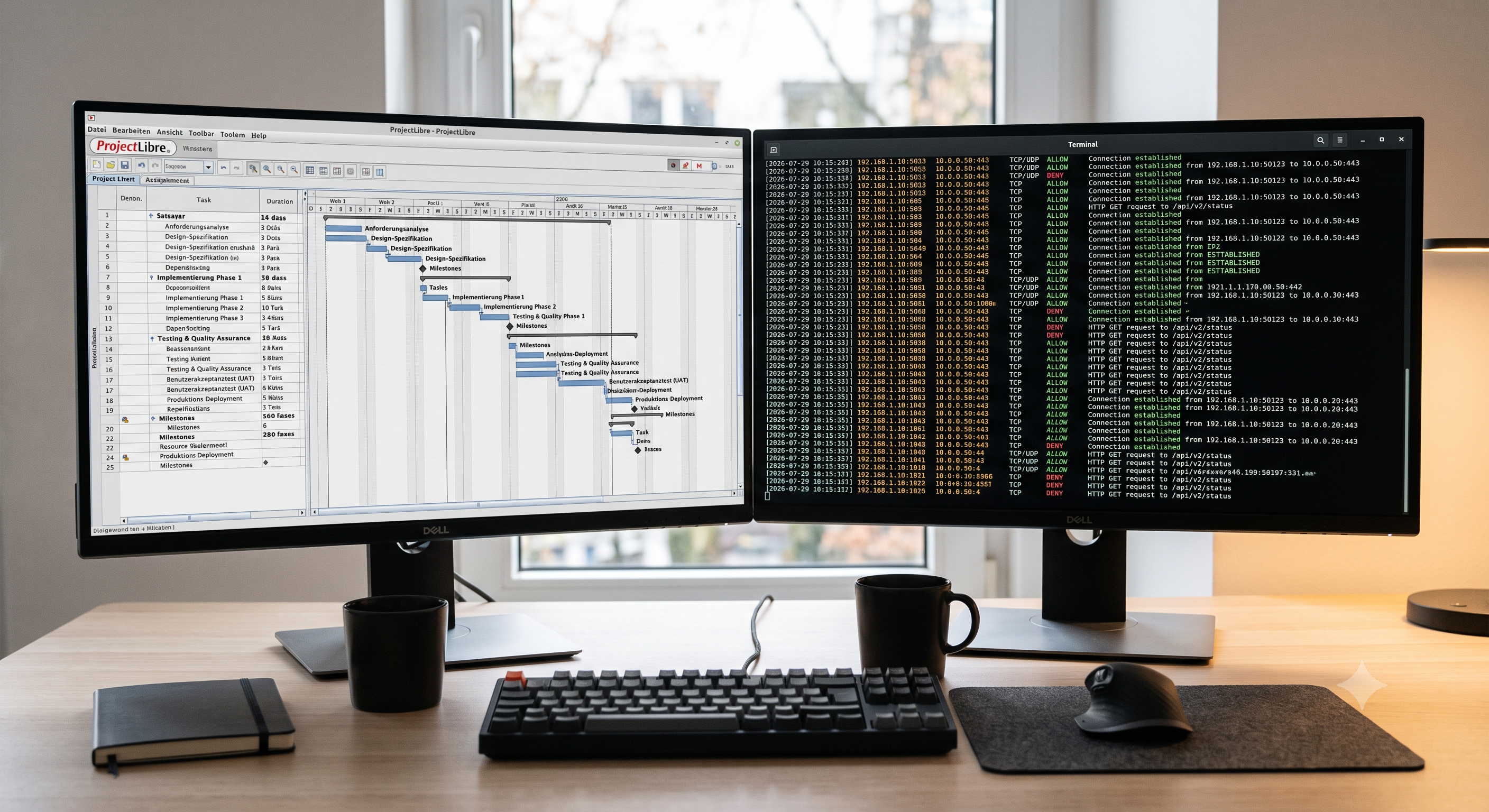 Die Benutzeroberfläche von ProjectLibre zeigt ein detailliertes Gantt-Diagramm für ein IT-Projekt mit kritischem Pfad und Ressourcenansicht.